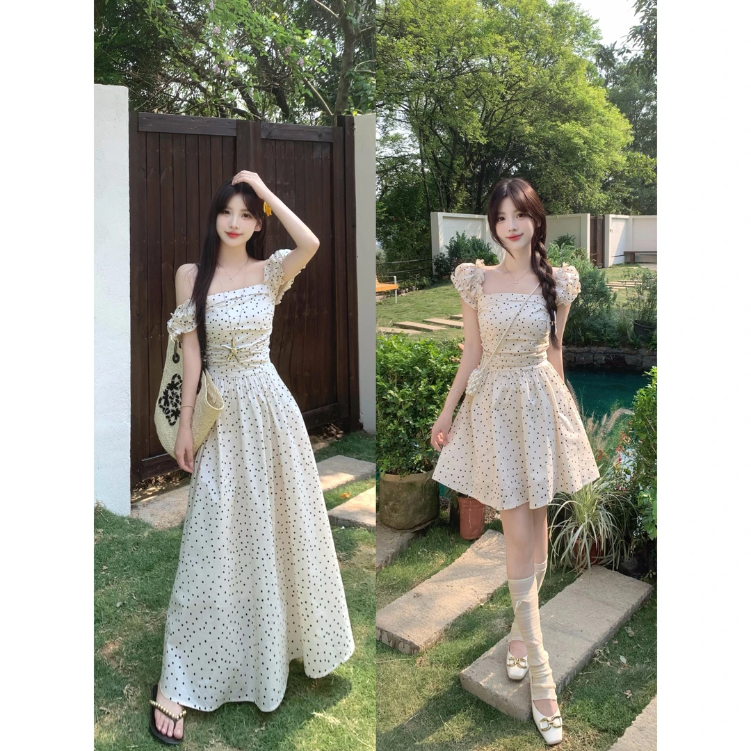 2025大码女装法式小众设计感小飞袖波点甜美夏女高腰显瘦长裙