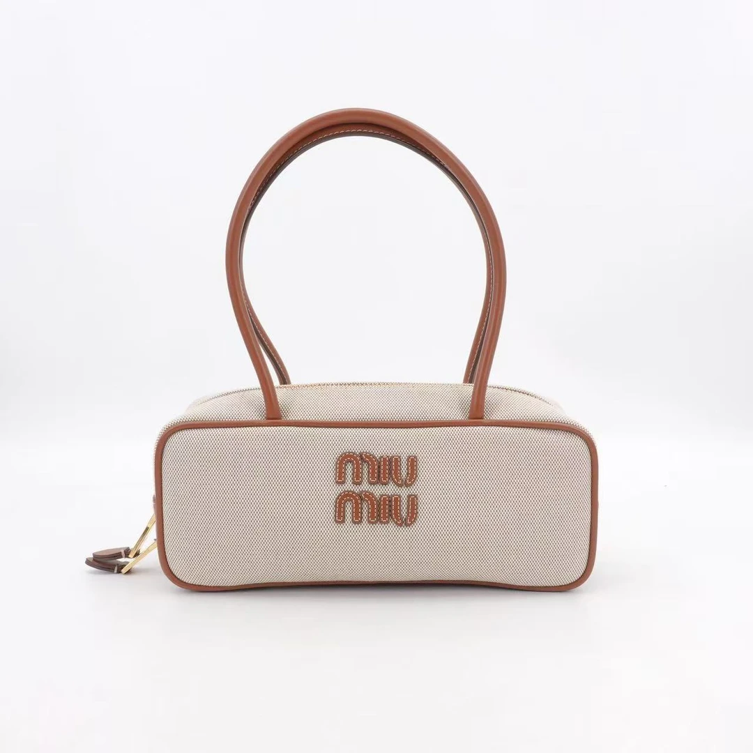 95新 MIU MIU/缪缪 GGS24s公文包米色帆布拼金扣单肩包15392806