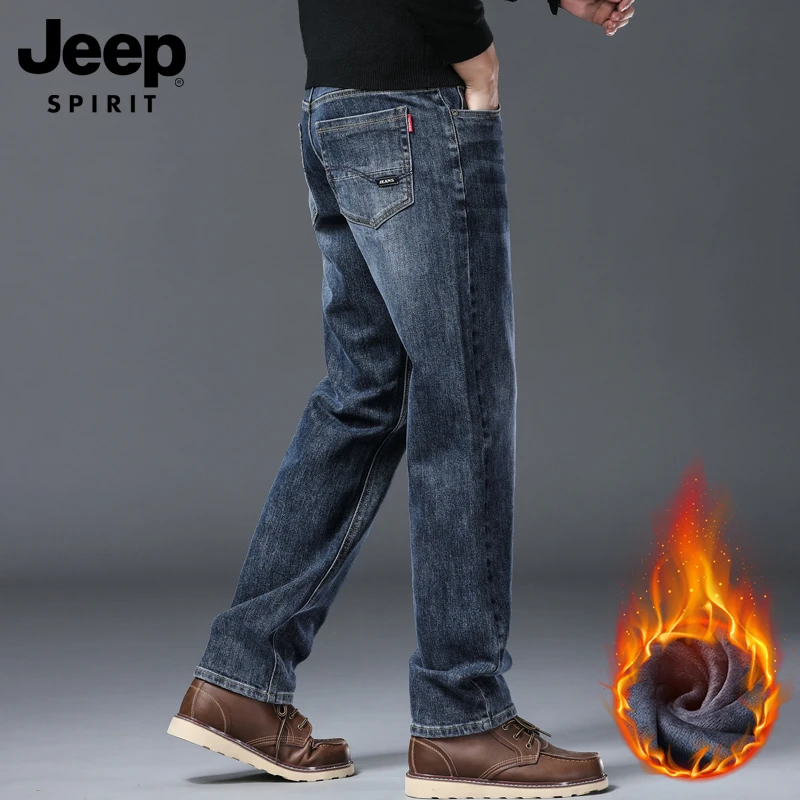 JEEPSPIRIT吉普加绒牛仔裤冬季新款男士直筒宽松男款保暖长裤子男