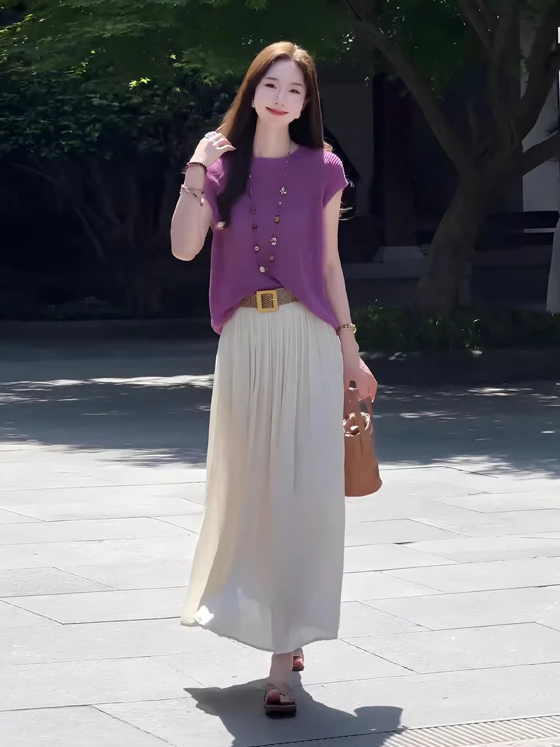 小众巨好看的高级感流行时尚裙装穿搭夏季洋气慵懒风紫色上衣套装