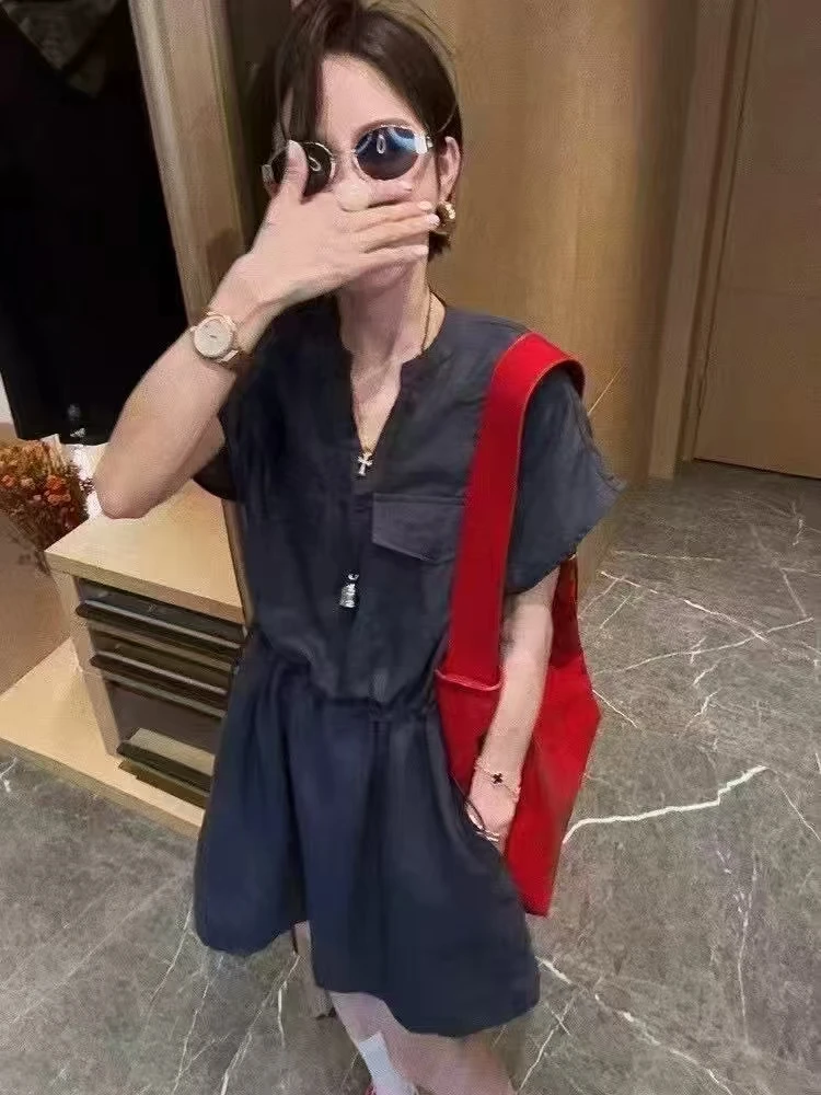 显瘦女装插肩袖休闲夏季百搭连衣裙V领