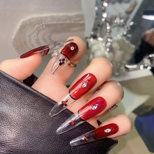 C3166裸色纯欲刺绣手工穿戴甲可拆卸显白气质ins磨砂渐变