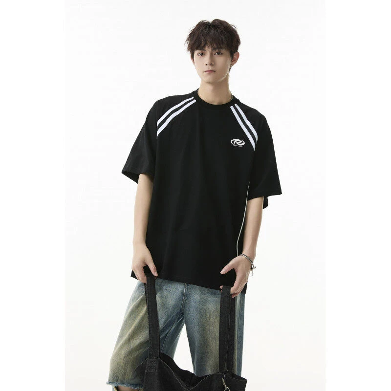 条纹撞色运动短袖t恤男2025新款夏季宽松设计感白色重磅半袖体恤