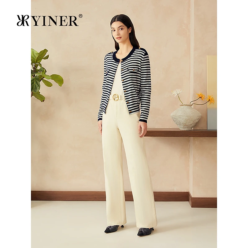 【美丽诺羊毛混纺】YINER音儿专选2025春季新款撞色条纹针织开衫