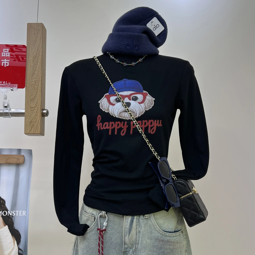 秋冬半高领2025新款修身显瘦卡通印花长袖加绒加厚内搭打底衫上衣