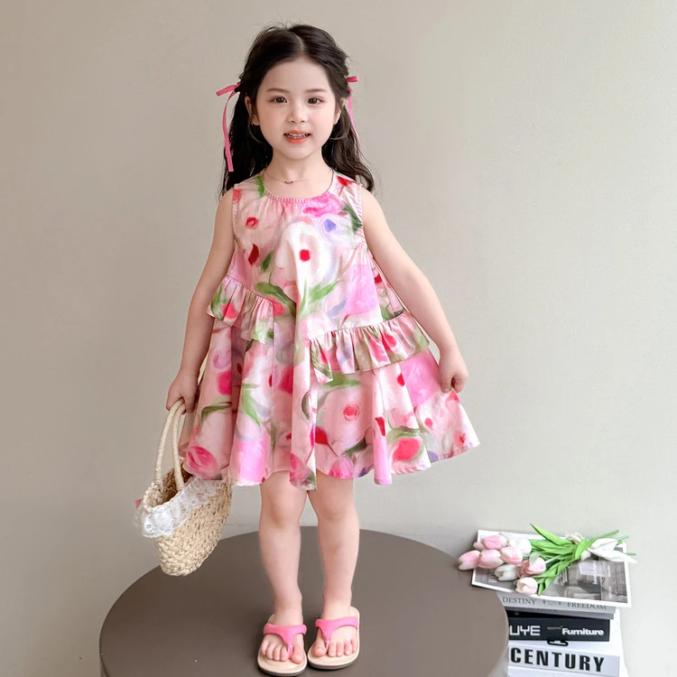 啊戴维贝拉【断码】女童夏装无袖连衣裙2025新款儿童碎花背心裙洋气