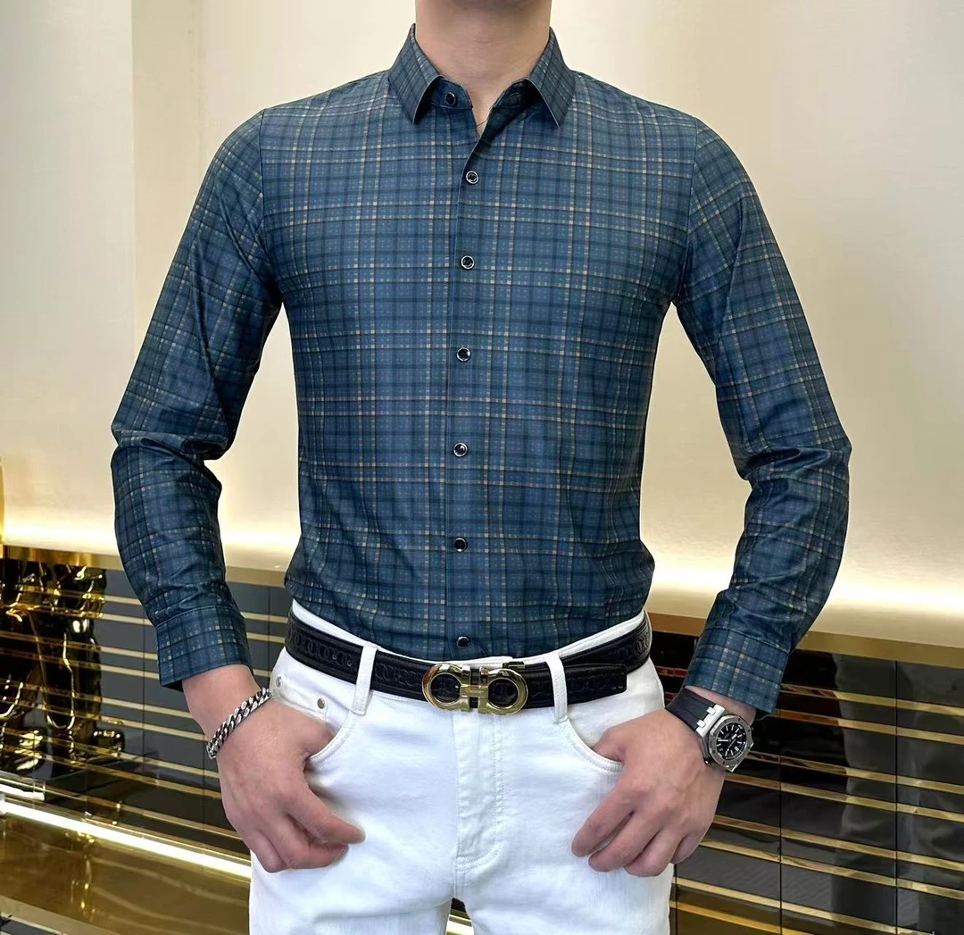 【仟旺赞男装】新款高端潮牌男士经典格纹提花显瘦翻领长袖衬衫
