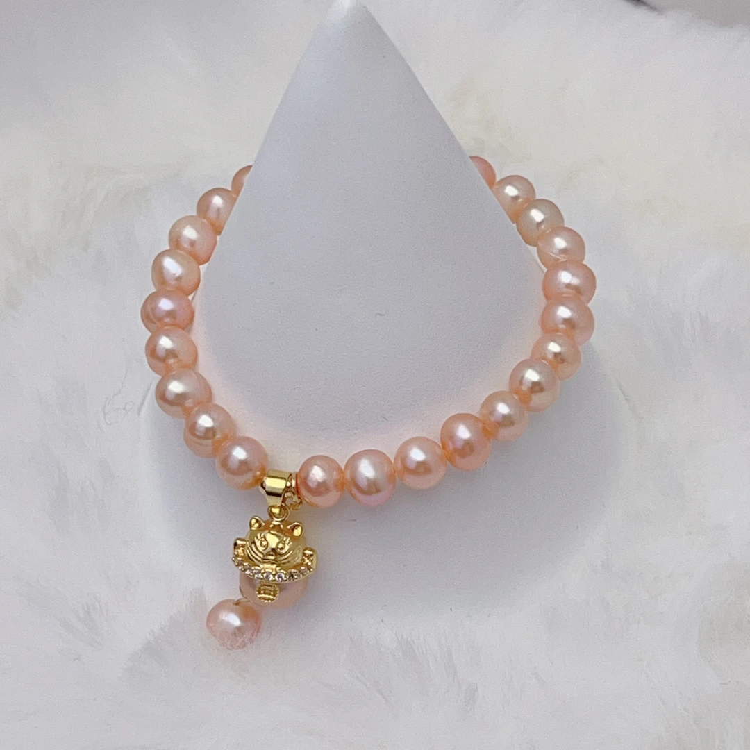 【招财猫】约6-7mm淡水无核珍珠手链百搭气质中国红手串DSL00714