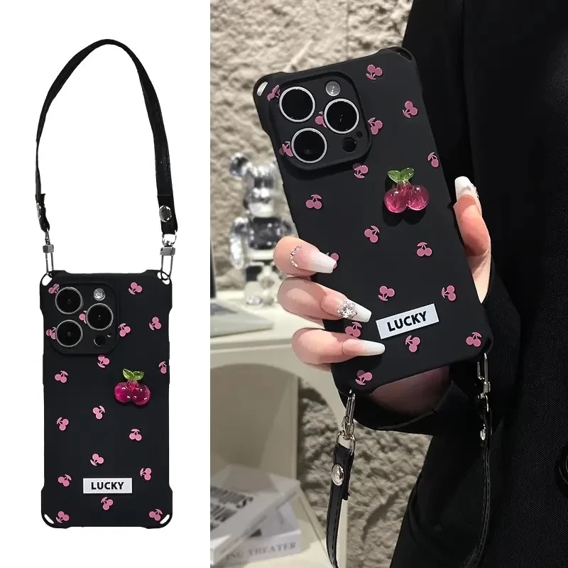 满屏红樱桃适用苹果16promax手机壳全包iPhone15防摔14plus手绳女