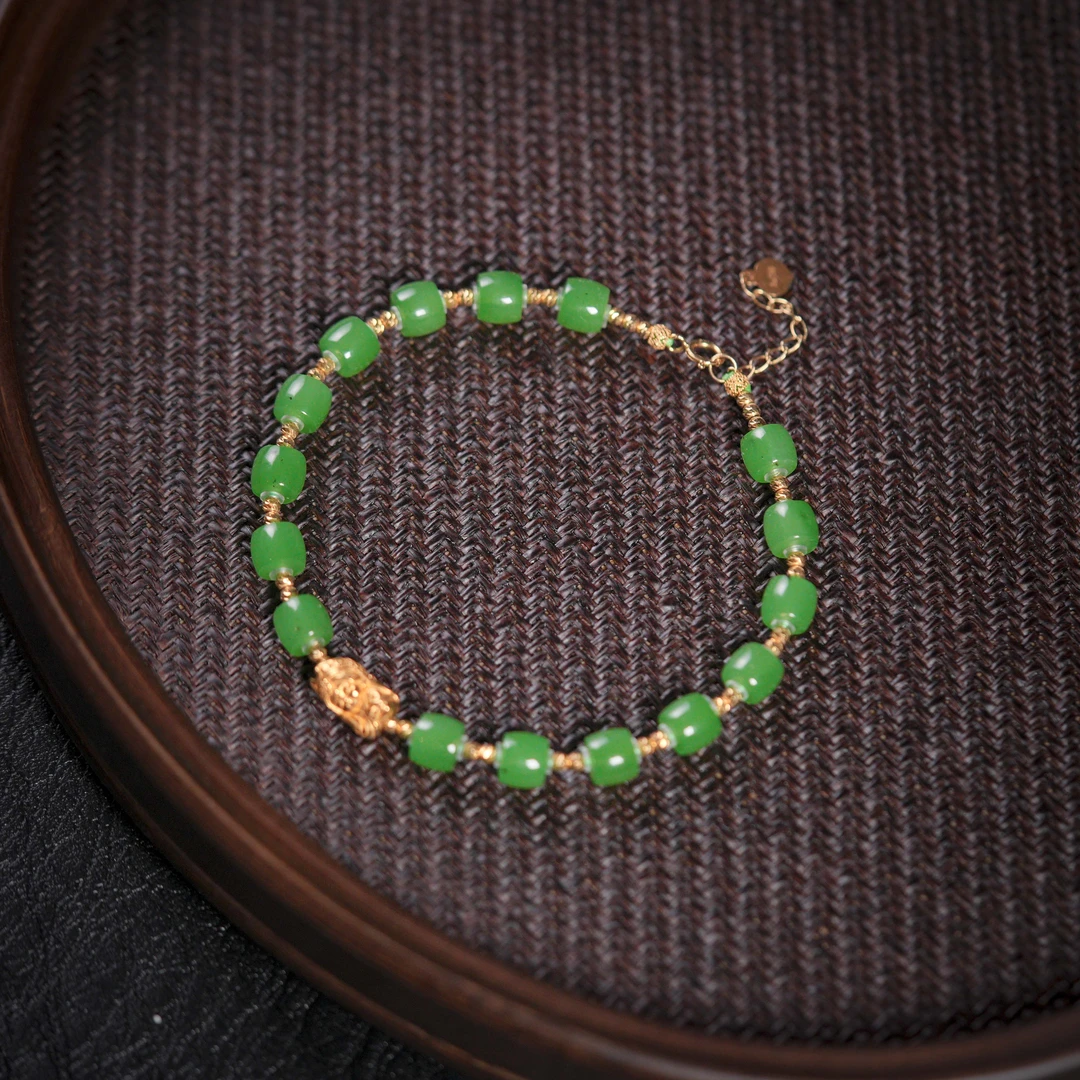 【诗蓉】翠瑶·典藏级和田玉苹果绿18K金手串AS1769珠径约6mm