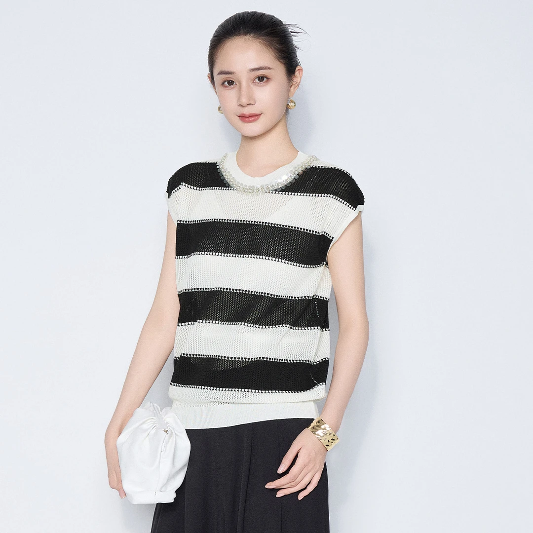 【小美专属】马天奴圆领针织衫短袖撞色上衣时尚百搭女VHS801SWH0