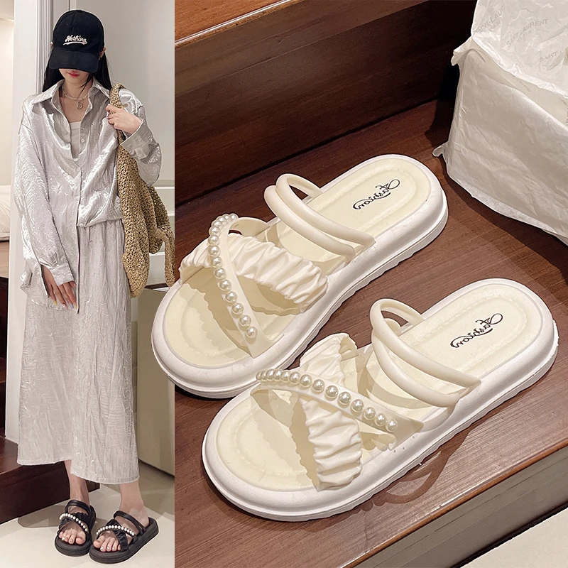仙女风学生凉鞋百搭印花皮平底时装凉鞋珍珠带防滑女