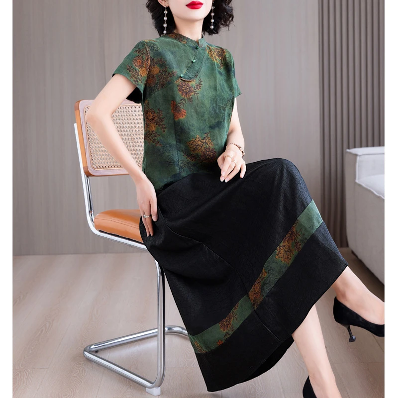 新复古风妈妈装改良款旗袍优雅印花长裙两件套女装年新款显瘦夏季