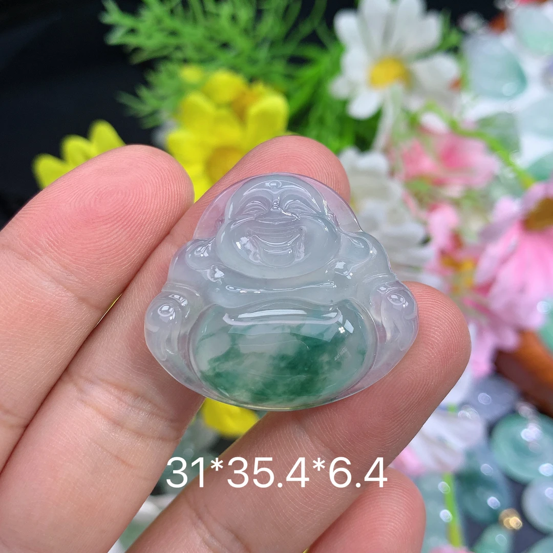 缅甸天然翡翠冰润飘花佛公品挂件冲气质百搭时尚清新精雕玉石