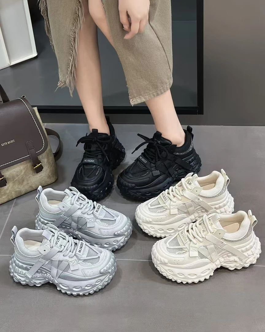 厚底增高老爹鞋2025春夏季单网面透气休闲舒适榴莲底超轻运动鞋