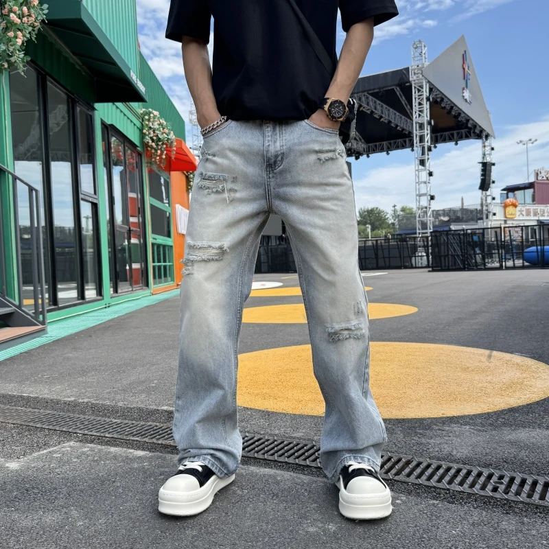 美式流行新款休闲裤水洗牛仔裤男士阔腿裤美式男士水男士水洗阔腿