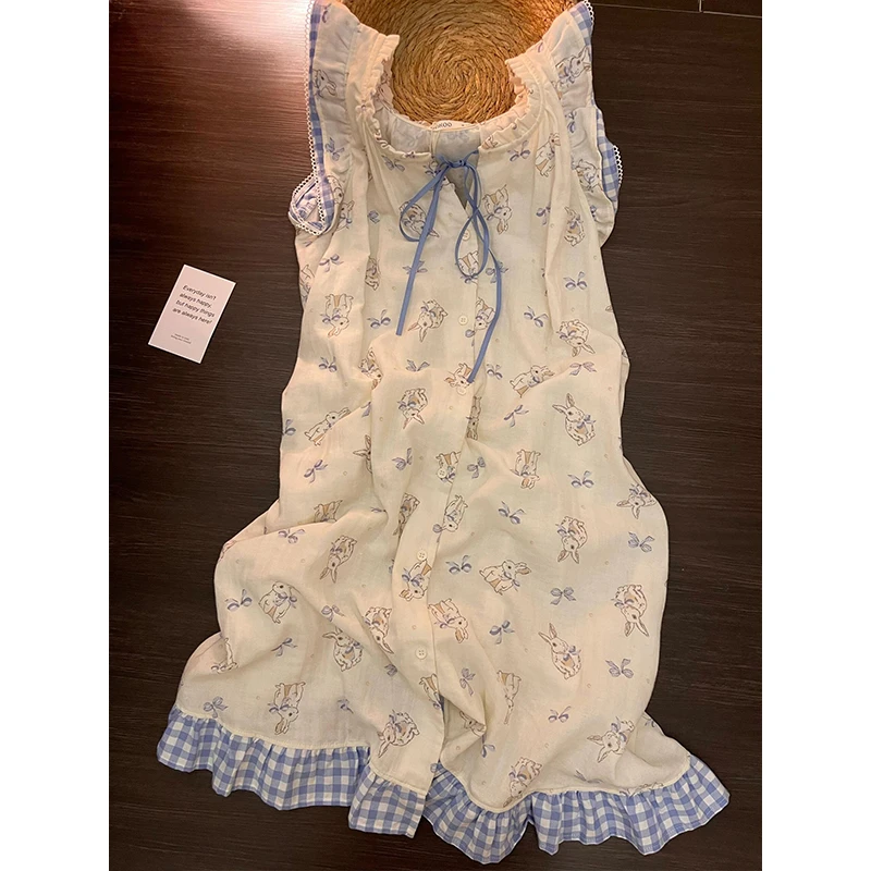 【蝴蝶结兔子】法式可爱格纹边睡裙女夏季新款亲肤舒适家居服连衣裙