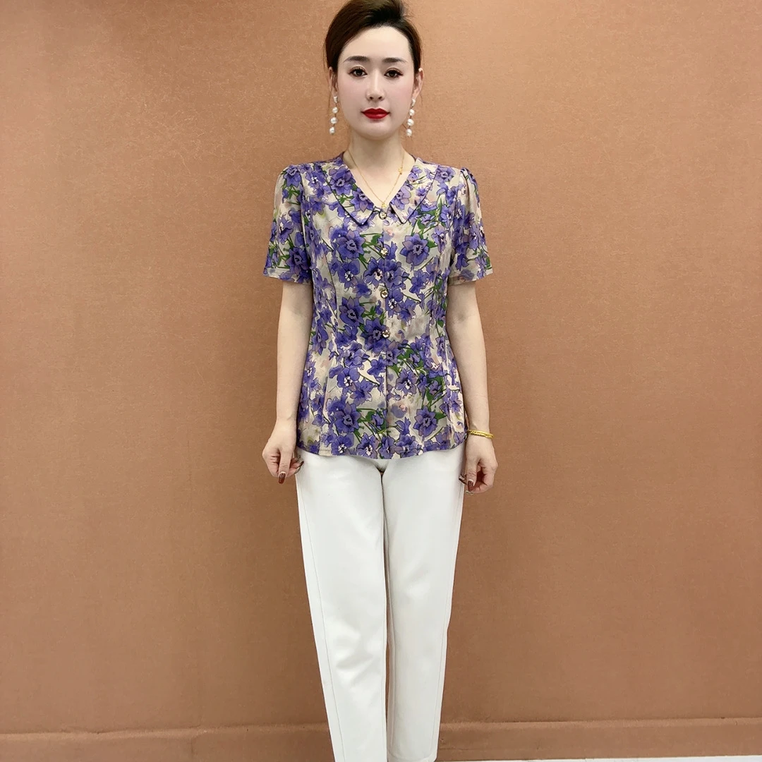 母亲节大码妈妈装夏季短袖印花小衫宽松中老年妈妈时尚减龄上衣女
