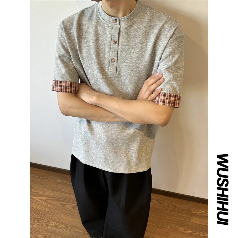 亨利领格子翻边短袖T恤男款夏季cleanfit潮牌基础百搭休闲宽松tee