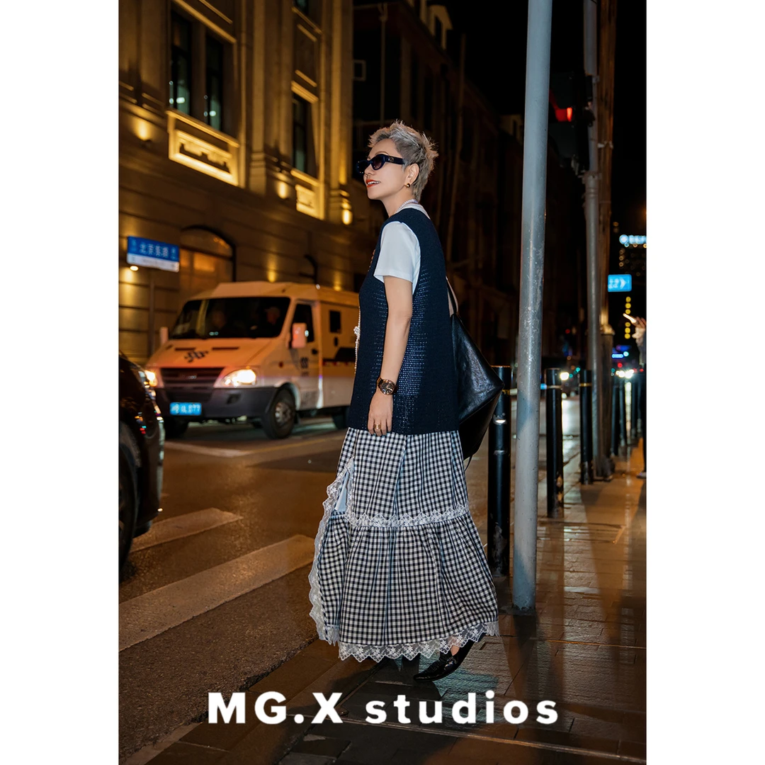 【半声默】MGX 休闲气质经典黑白格拼接蕾丝半身裙DPMO5E117