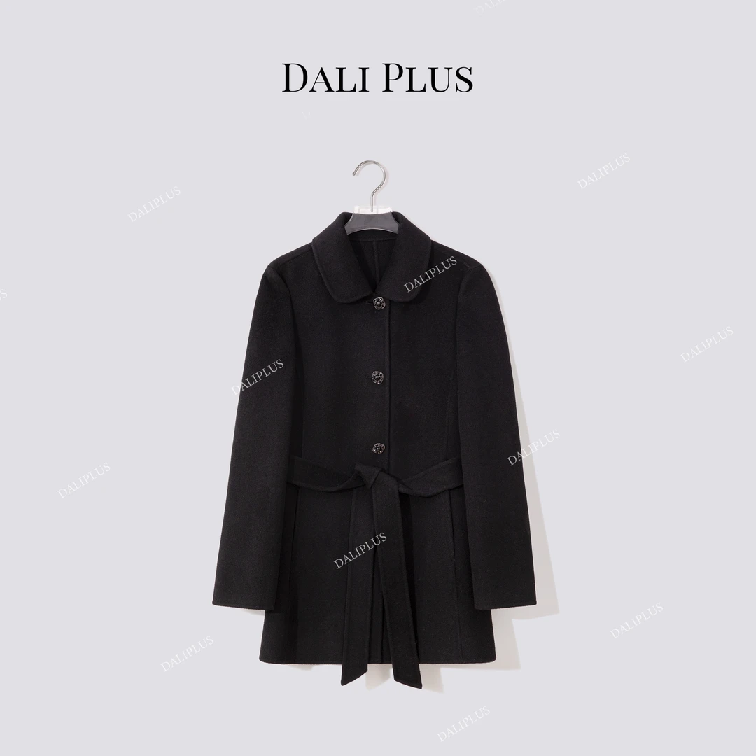 DALI PLUS“山羊绒+绵羊毛”翻领系带收腰毛呢大衣-D5CH4924