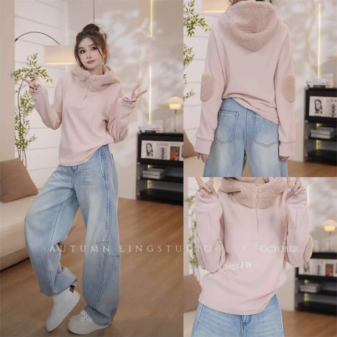 LING/STUDIO『小熊布丁』秋冬款高级感时尚百搭套头连帽卫衣5101742