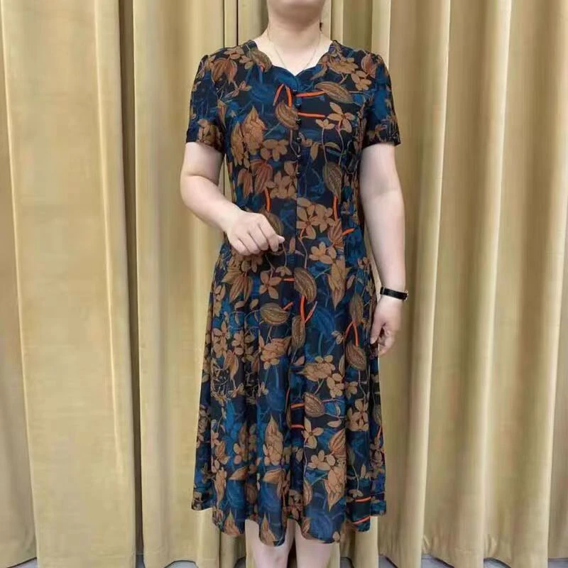 妈妈装夏装短袖连衣裙大码新款时尚中老年女装洋气质中长款裙子女