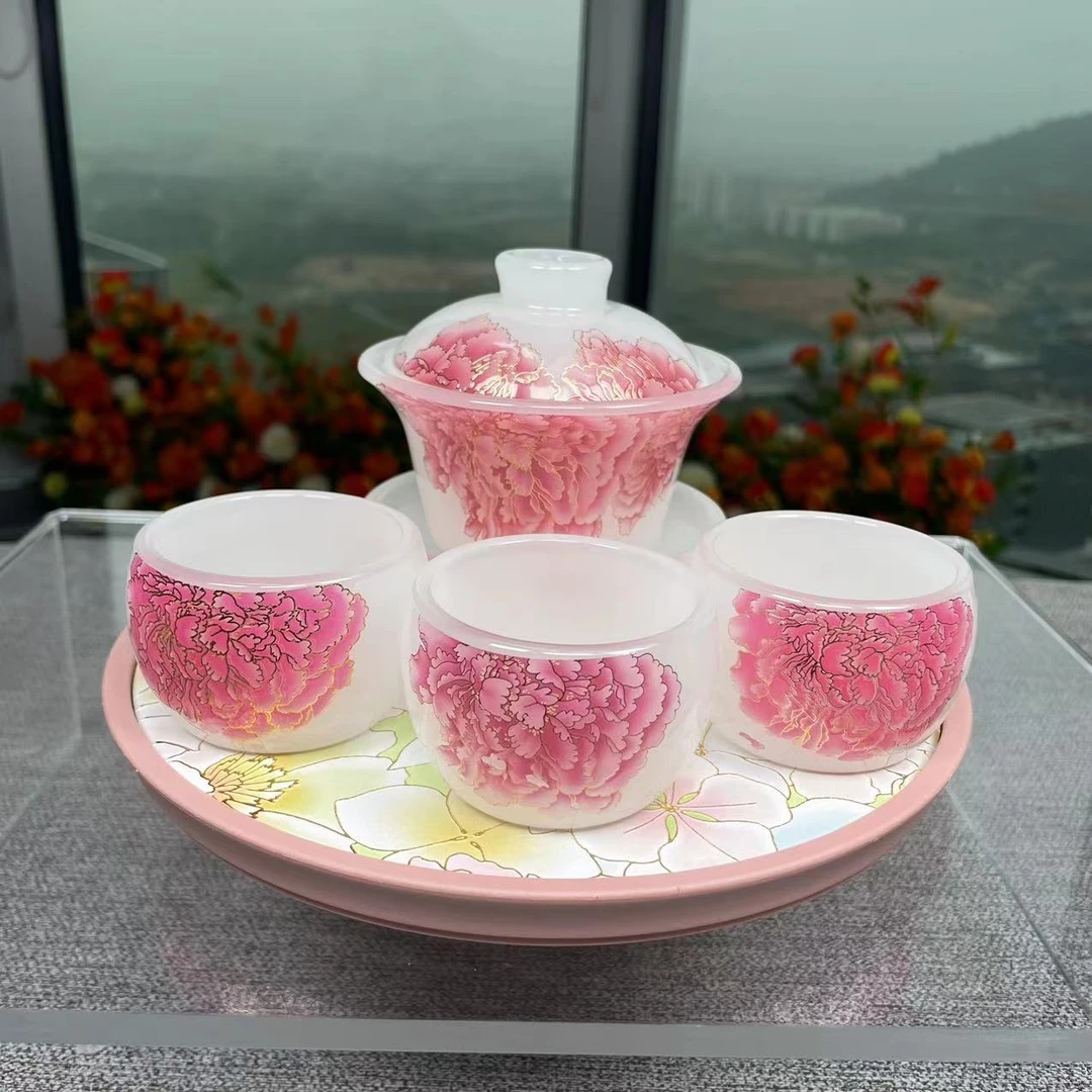 【邮政甄选】金丝牡丹琉璃盖碗3杯茶盘@Z355（cp）