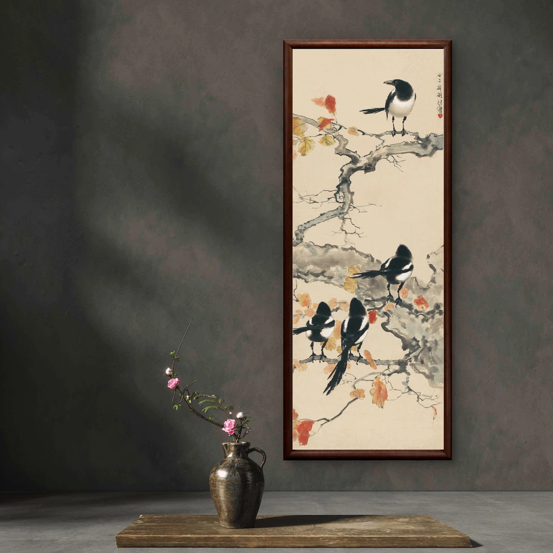 206-40*120春日四喜鹊图新中式装饰画适合玄关书房茶室客厅悬挂