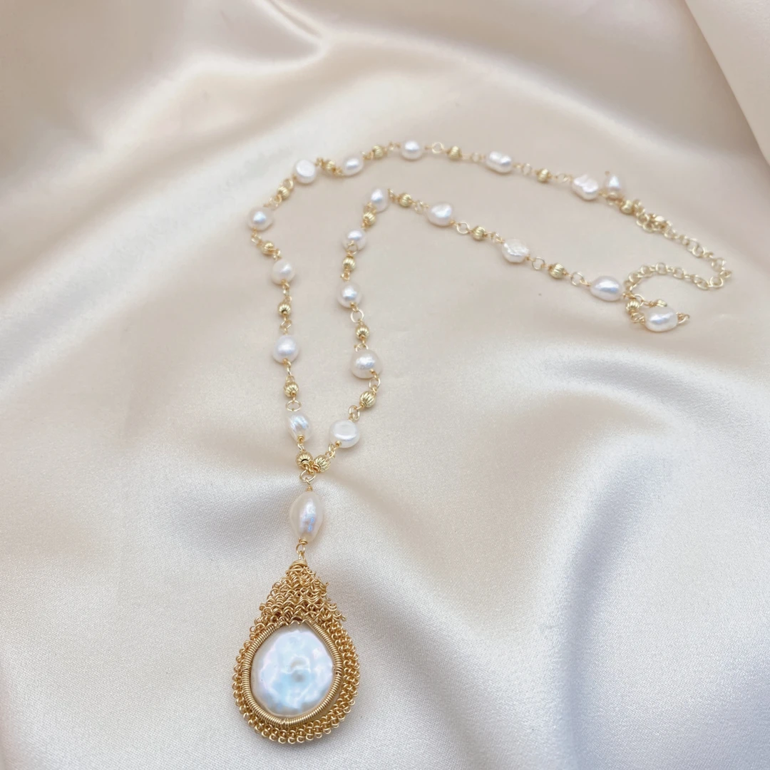 LH099【法兰克贵族珍珠巴洛克毛衣链】手工气质白色时尚百搭复古