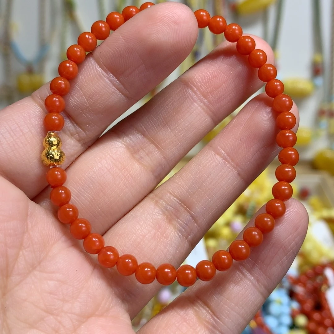 南红玛瑙18K金镶嵌手链4mm