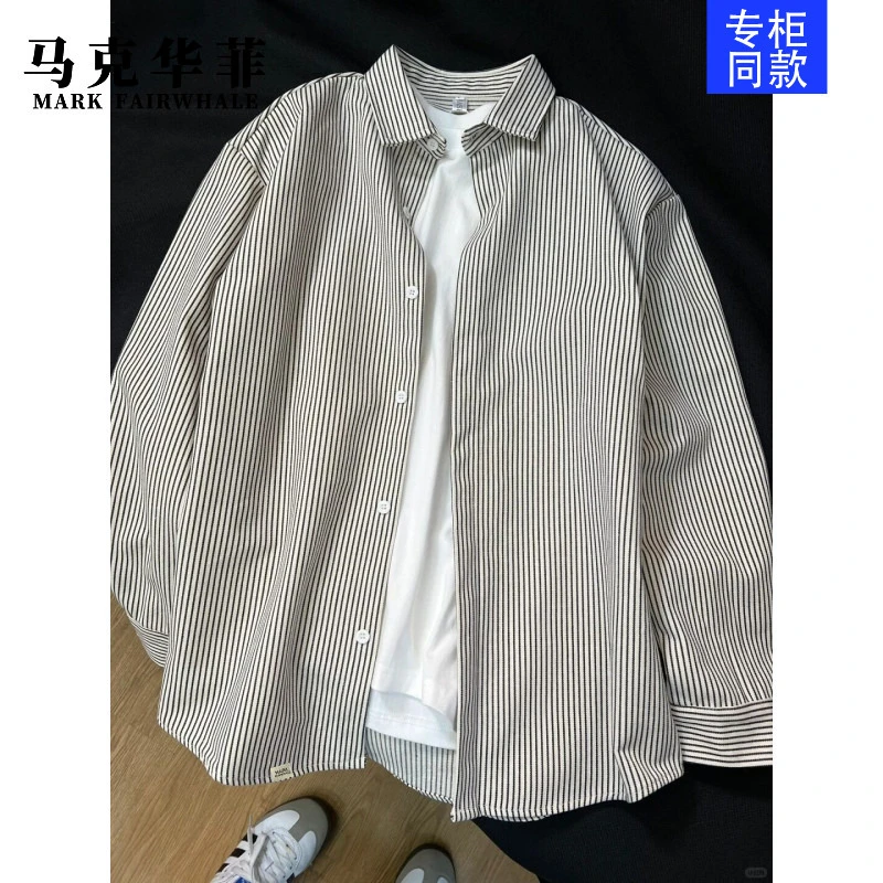 马克华菲美式条纹长袖衬衫男女款春秋季宽松青少年百搭衬衣外套痞