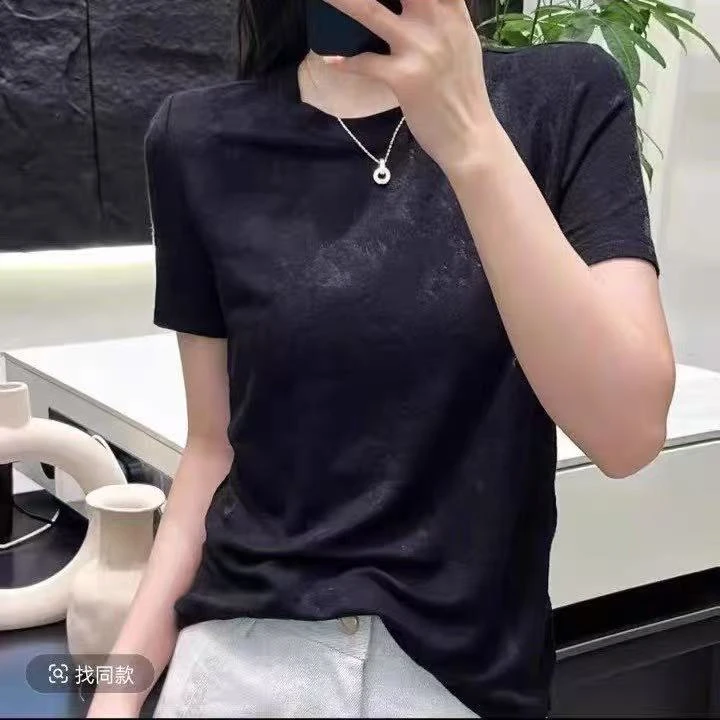 那简家【现货】662时尚重工蕾丝提花短袖圆领上衣