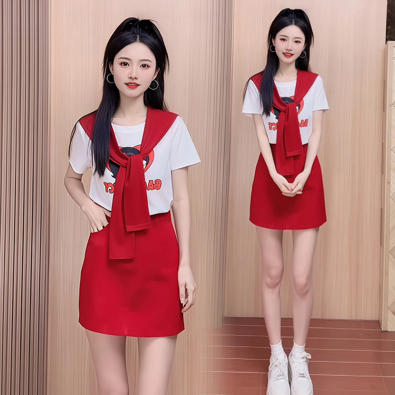 休闲简约减龄套装女2025夏季新款韩版印花短袖t恤半身裙两件套