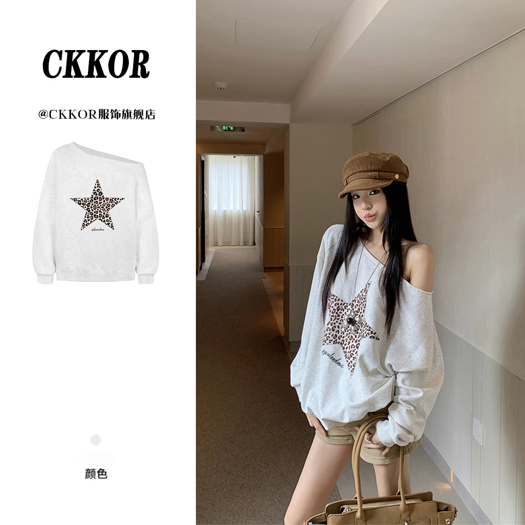 CKKOR美式高街一字领露肩卫衣女酷飒风设计感百搭辣妹斜肩上衣服