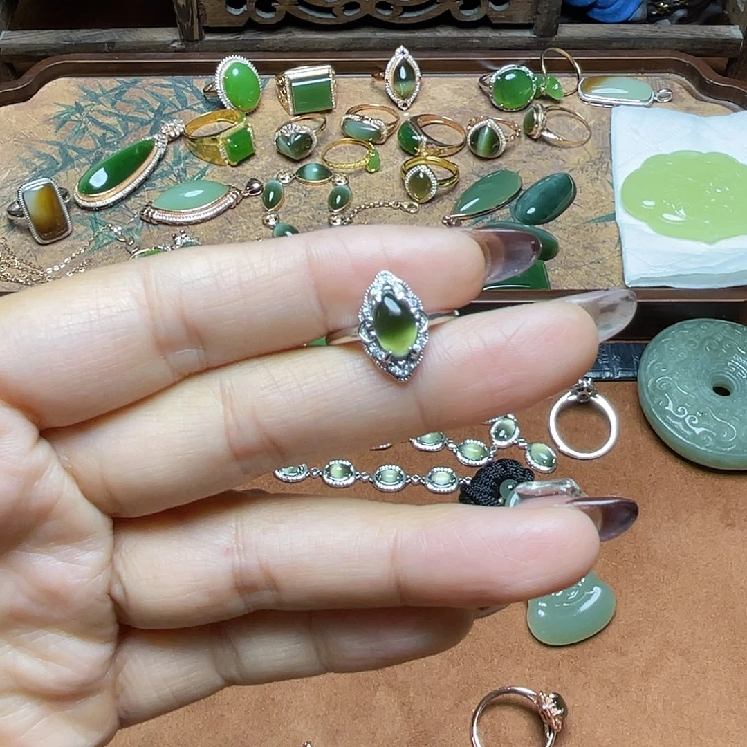 和田玉（碧玉）银S925镶嵌吊坠(不含链)戒指