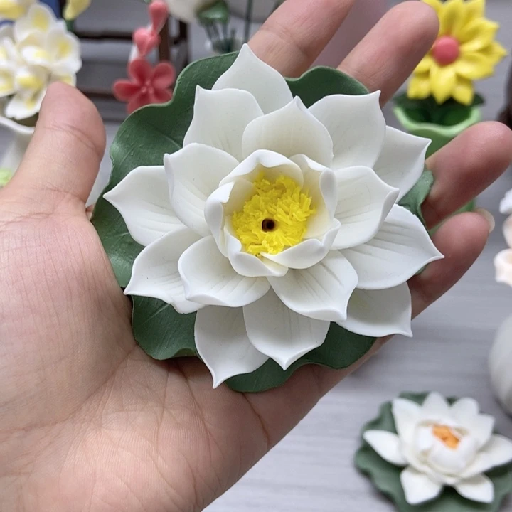 摆件手工制作陶瓷花荷花香插蓝色粉色白色备注