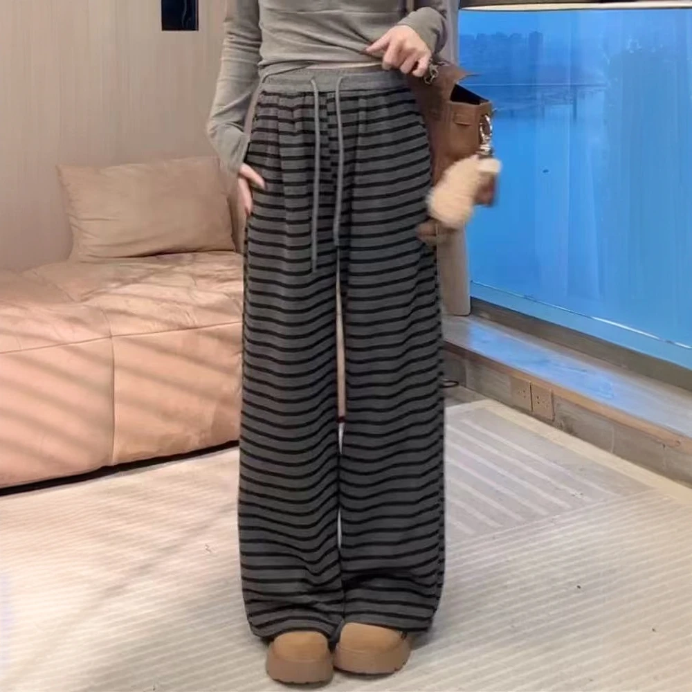 韩系慵懒条纹阔腿直筒裤女2025春季新款显瘦百搭松紧腰抽绳拖地裤