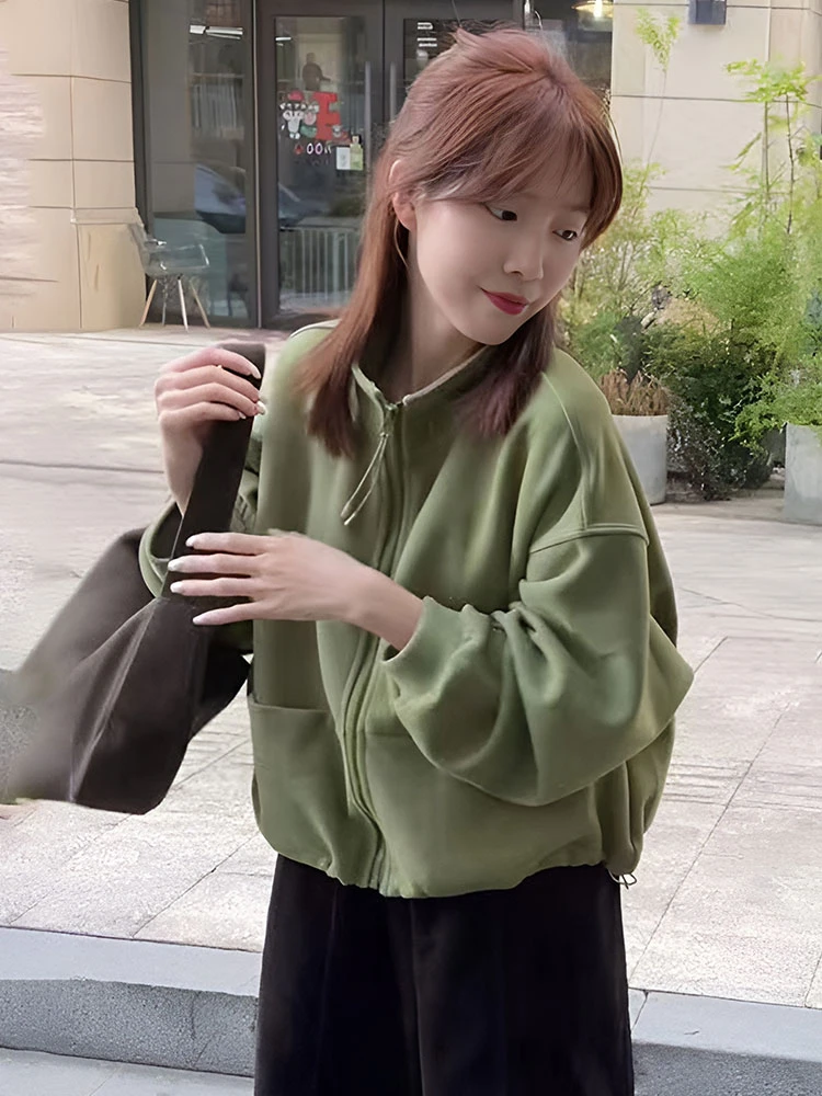 立领抽绳长袖短款卫衣外套女2025秋冬新款宽松显瘦慵懒风开衫上衣