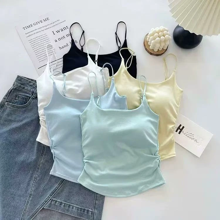 小清新纯欲风设计感褶皱吊带背心女外穿内搭带胸垫修身美背上衣夏