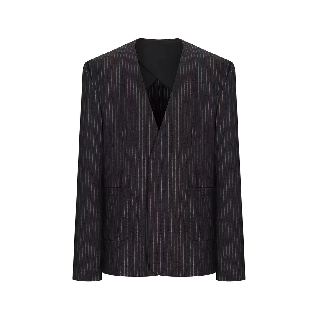 启世录TIWILLTANG“时烬溯光”条纹贴袋无领西装衬衫套装