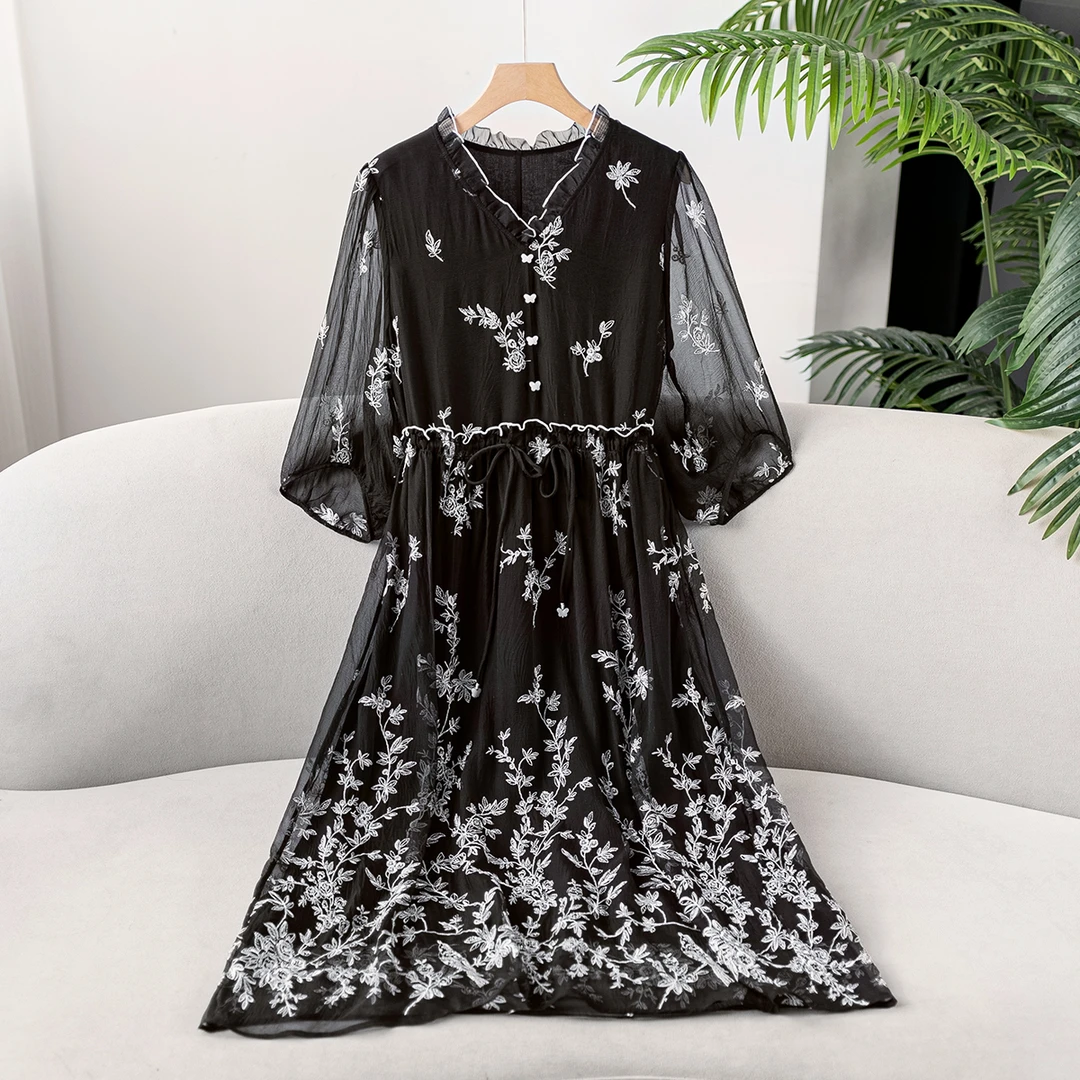 ZHUOXI/着西重工刺绣~桑蚕丝刺绣修身气质连衣裙收腰2Q6600016