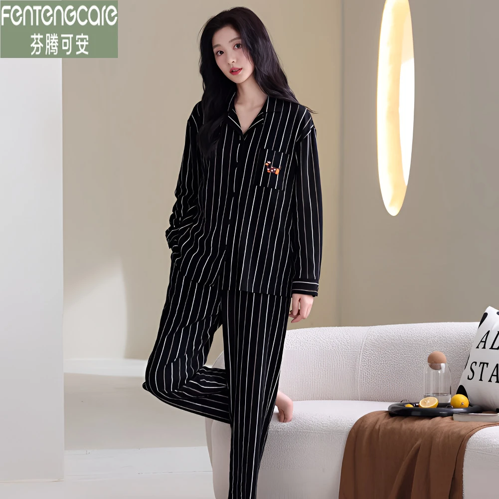 芬腾可安秋冬薄款睡衣女士纯棉开衫休闲长袖春秋季全棉家居服套装