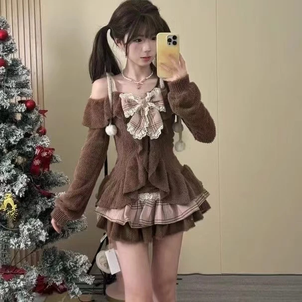 纯欲风甜美可爱拼接荷叶边收腰显一字肩上衣高腰蛋糕短裙棕色套装