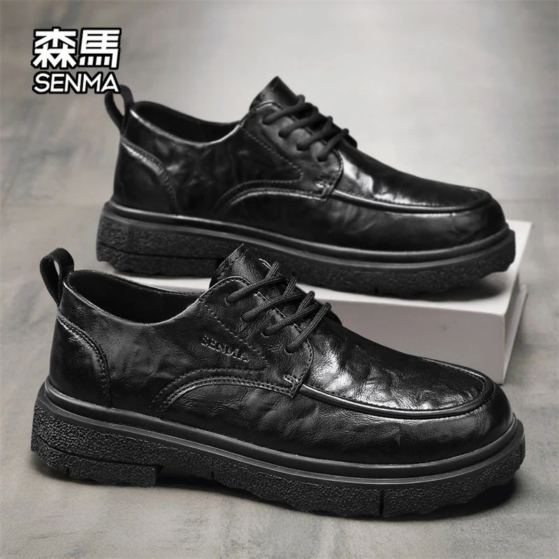 森马男士休闲皮鞋防水防滑耐磨英伦风系带乐福鞋百搭黑色商务皮鞋