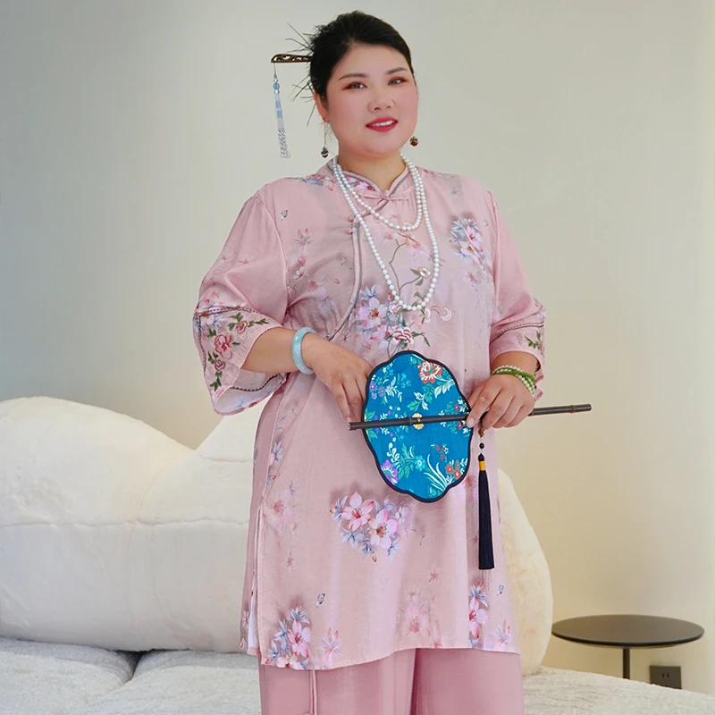 【粉百合】220斤加大码上衣国风长款女装宽松显瘦女士夏装刺绣款