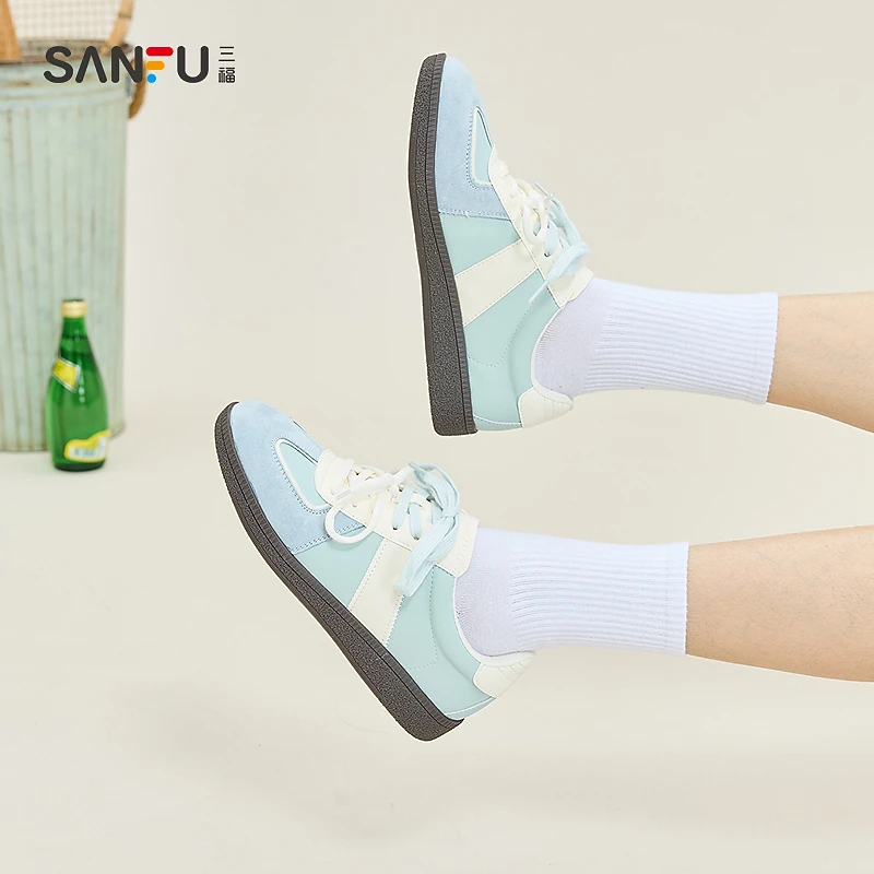 三福低帮板鞋女春季学院运动撞色双鞋带薄底德训鞋女鞋839146