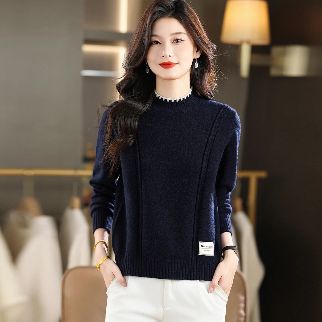 藏青色半高领毛衣女士秋冬2025新款女装内搭上衣短款针织打底衫