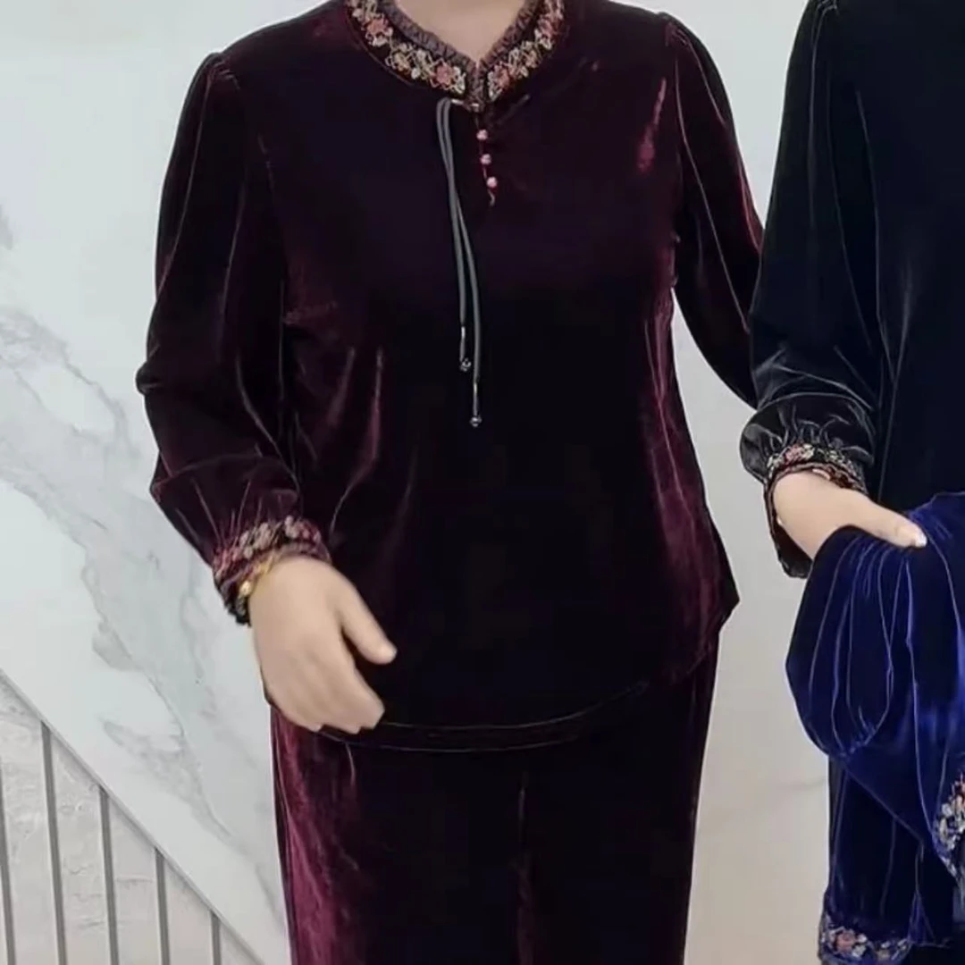 宝石蓝/车厘子色/夜空黑事事如意重工刺绣套装中老年妈妈装精品