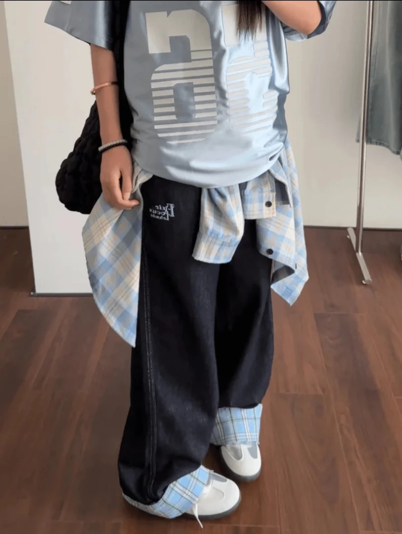 C7#少年感拉满！复古格子贴布卷边牛仔裤男女款阔腿宽松直筒裤子